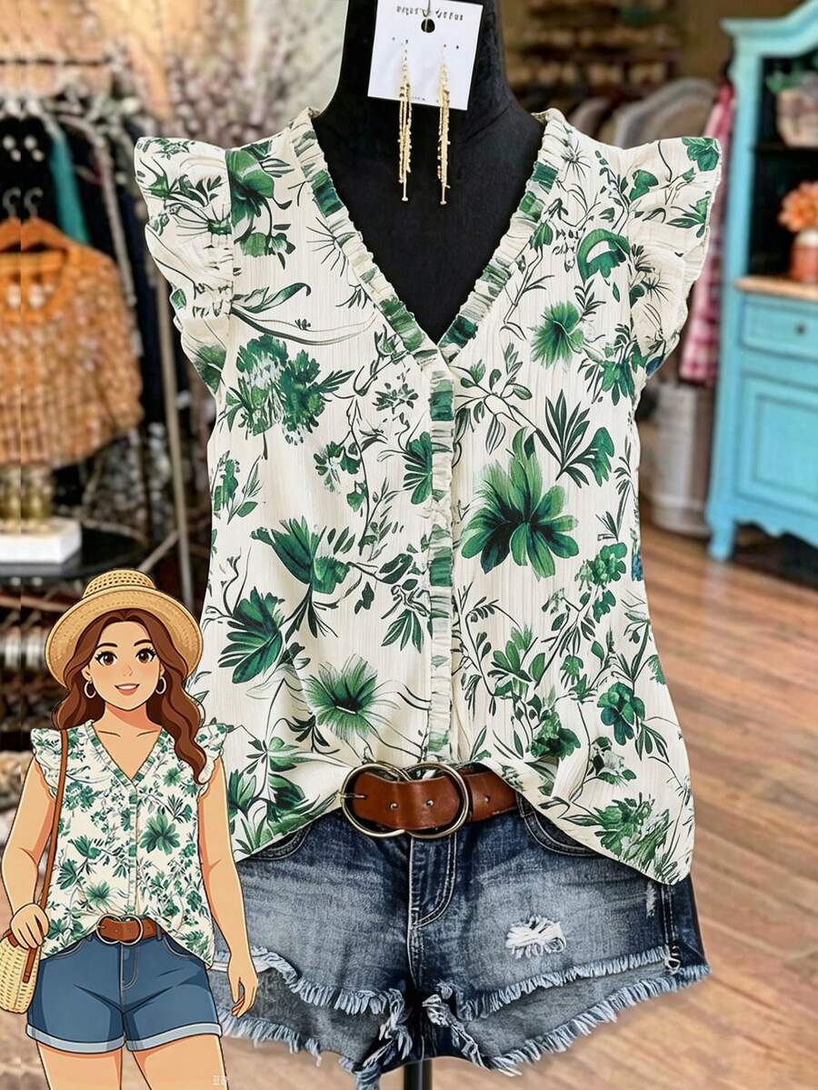 Linhara Plus Size Women's Summer Romantic Tie-Dye Floral Print Textured Fabric V-Neck Ruffle Sleeve Fitted Simple Casual Elegant Vacation Regular Shirt - Green - View 1