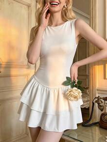 SHEIN MOD Đầm mini cổ thuyền gấu hai lớp - trắng - Xem 1