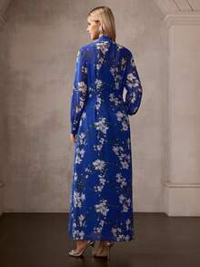 MOTF Soiréza ELEGANT WOMEN'S LONG SLEEVE LANTERN SLEEVE MAXI PARTY GOWN WITH TIE NECKLINE & RANDOM FLORAL PRINT , PERFECT FOR VALENTINE'S DAY , EVENING GALAS, WEDDING GUEST ATTIRE, ANNIVERSARY CELEBRATIONS, PROM NIGHTS, HOLIDAY BASHES, ELEGANT BIRTHDAY CELEBRATIONS - Royal Blue - View 4