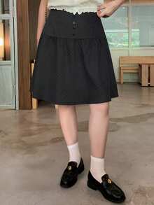 Dazy Plus 大尺碼女款波點學院風修身膝長 A 字休閒百搭裙，適合女孩校園穿著 - 深灰色 - 查看 4