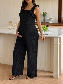 Dazy Maternity 波點優雅修身無袖荷葉邊拼接日常穿著孕婦連身褲 夏季 - 黑色 - 查看 3