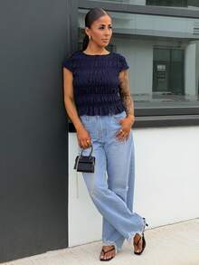 SAYEHFBABY Women Plain Color Ruched Slim Fit Casual Elegant Top, Summer Brunch Navy Blue - Navy Blue - View 2