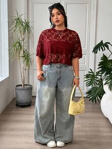 SHEIN EZwear 大尺碼女款花卉網紗圓領短袖寬鬆上衣 - 紅色 - 查看 5