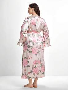 Slumbrini 大码仿丝印花吊带睡裙睡袍套装，舒适优雅细节，秋冬服饰 - 彩色 - 查看 2