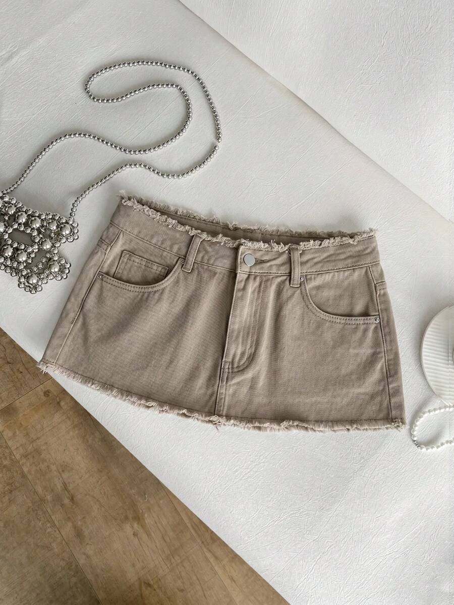Elamini Distressed Ultra Low Waist Denim Mini Skirt - Khaki - View 1