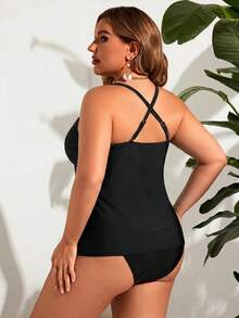 Swim Lushoire Conjunto de Tankini de unicolor para Mujer Talla Grande con Top de Camisola para Playa de Verano - Negro - Ver 2