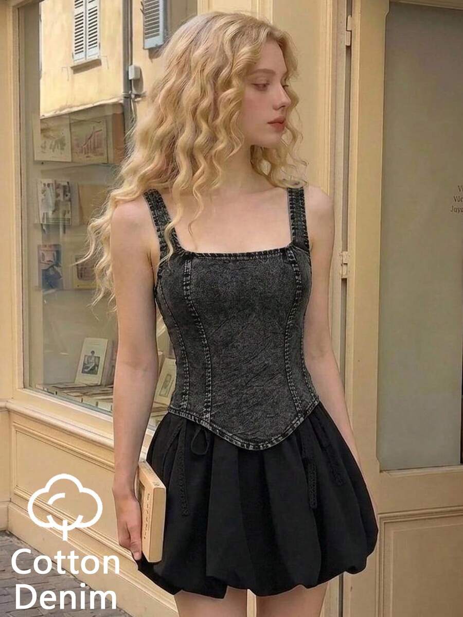 SHEIN MOD 大尺碼女款夏季休閒通勤拉鍊修身牛仔背心 - 藍色 - 查看 1
