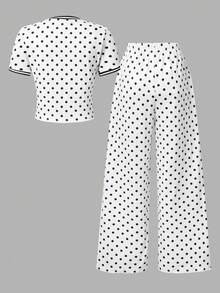SHEIN 返校季青少年女孩修身圓領短袖短版上衣與寬鬆寬腿長褲套裝 - 黑與白 - 查看 2