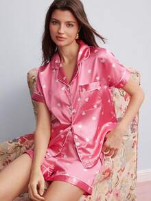 Elorette Imitated Silk Heart Print Short Sleeve Top And Shorts Pajamas Set - Hot Pink - View 7