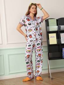 Chillnights THE POWERPUFF GIRLS X SHEIN Flying Police Woman Co-Branded Lapel Trim Women's Loungewear Set - Multicolor - View 5