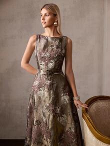 MOTF PREMIUM COFFEE GOLD JACQUARD LONG DRESS WITH BELT - Coffee - View 7