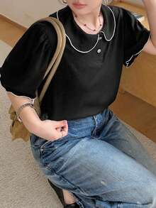 Dazy Plus Colorblock Peter Pan Collar Fitted Short Sleeve College Style Casual Black Spring/Summer T-Shirt - Black - View 6