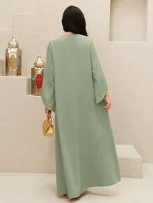 Yasmyna Women's Contrast Color Trim Bow Decor Elegant Long Sleeve Turkish Maxi Dress - Green - View 7
