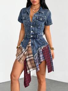 StreetHx Damen Kurzarm einreihig Patchwork kariert asymmetrischer Saum lässiges Denim Kleid - Blau - Übersicht 5