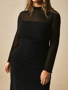 Freevana Plus Size Women's Stand Collar Mesh Patchwork Casual Daily Wear Dress Fall - Black - View 7