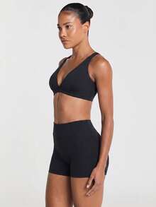 11SKNDS V-Neck Triangle Sports Bra With Racerback Design, Ultra-Soft Fabric, Yoga, And Casual Loungewear Bralette - Black - View 3