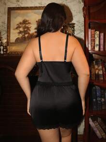 Divavoom 2pcs/Set High Elasticity Fabric Lace Patchwork Camisole Pajama Set - Black - View 2