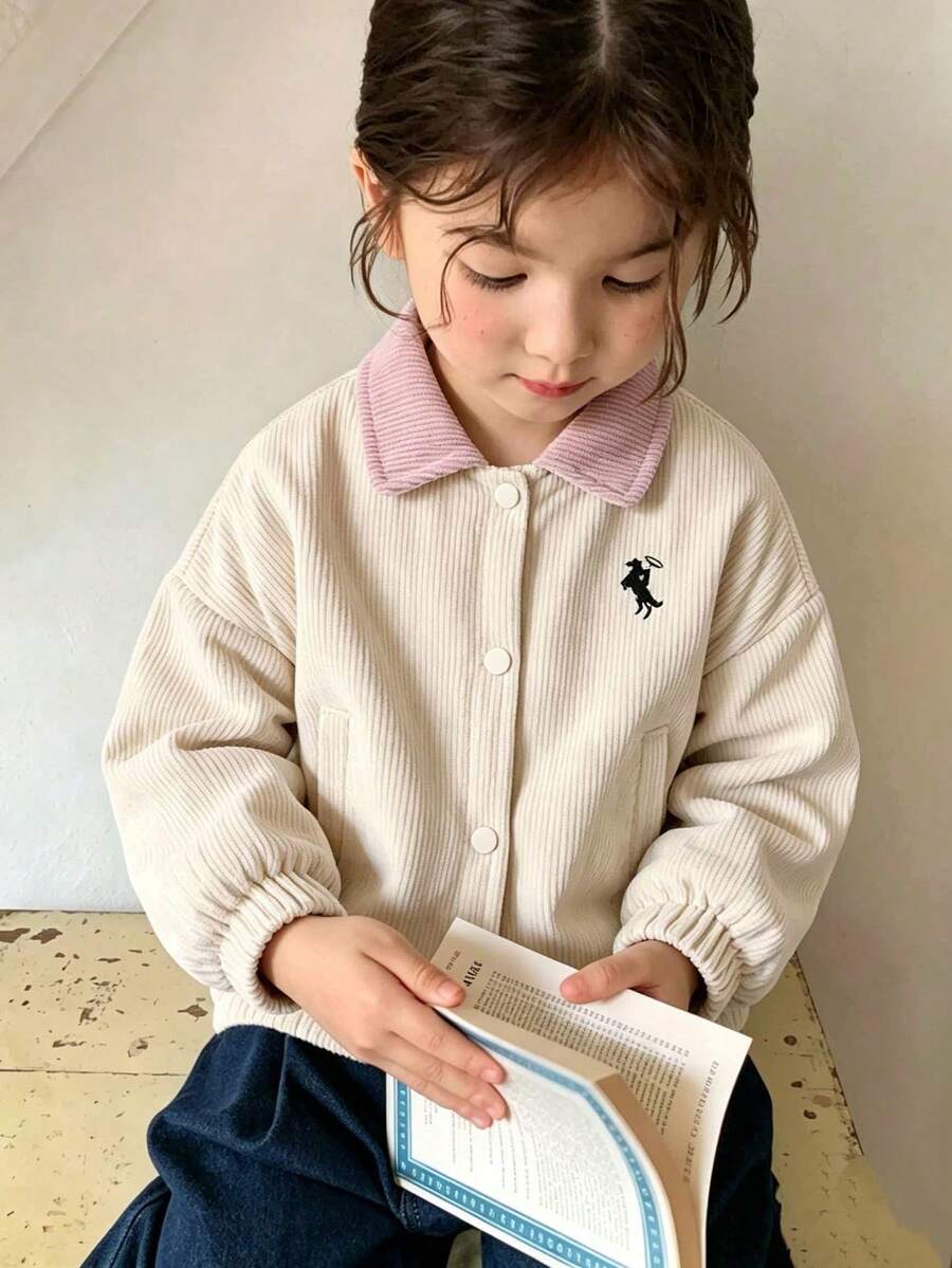 少女溫柔風對比領休閒上衣,寬鬆版型收口袖刺繡小馬開襟夾克 - 杏色 - 查看 1