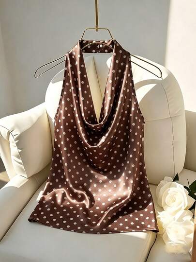 Franclia Women's Brown Draped Neck Top, Sexy Elegant Backless Print Cinched Waist Top Date Night Party Summer
