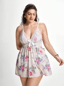 Slumbrini Plus Floral Print Contrast Lace Bow Front Cami Pajama Nightdress - Beige - View 1