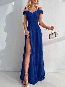 Cold Shoulder Split Thigh Dress - Blue - View 2
