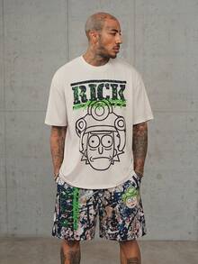 Rick and Morty X SHEIN Men's Letter Cartoon Print Short Sleeve T-Shirt And Shorts Set - Khaki - View 1