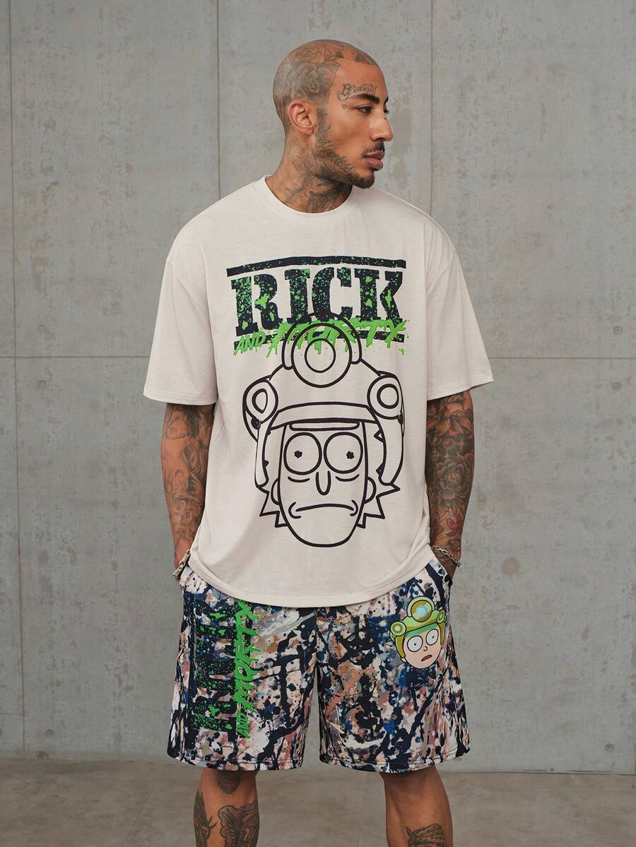Rick and Morty X SHEIN Men's Letter Cartoon Print Short Sleeve T-Shirt And Shorts Set - Khaki - View 1