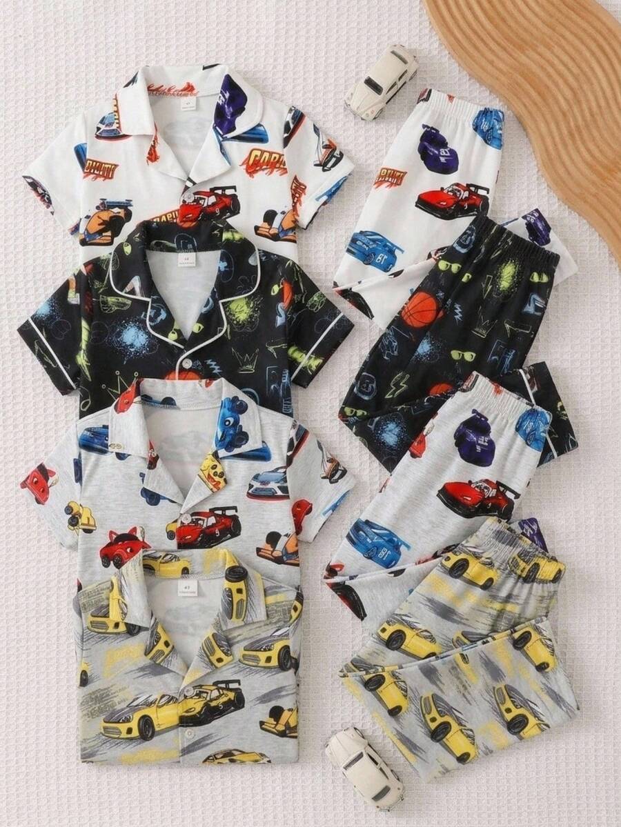 Summer Young BoyPajama Set, Cute Hot-Blooded Cartoon Racing Car Print, Soft Comfortable Flame Retardant Milk Silk Fabric, Lapel Cardigan Short Sleeve & Long Pants 2 Pieces Loungewear - White - View 1
