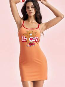 SHEIN X Care Bears 女款熊圖案修身細肩帶短洋裝，橘色夏季休閒可愛外出夜生活裙 - 橘色 - 查看 1