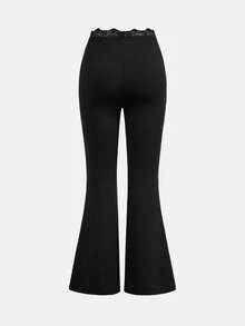 SHEIN 少女休閒日常時尚蕾絲飾邊腰部喇叭褲 - 黑色 - 查看 5