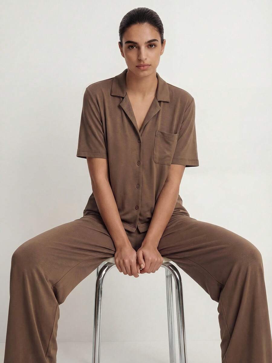 Ocili Studio Leisure Women's Solid Color Simple Short Sleeve Top And Pants Casual Homewear Set, Summer Holiday Season Outfit - Coffee Brown - View 1