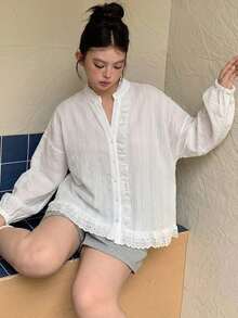 Dazy Plus 女款大尺碼連帽長袖寬鬆紋理布料蕾絲拼接休閒度假風正裝版型外套 春夏 - 白色 - 查看 5