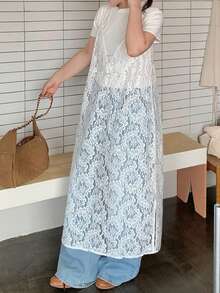 Dazy Plus Vestido de tirantes finos con encaje blanco diseño de capas moda primavera verano otoño tops lindos brunch té elegante - Blanco - Ver 3