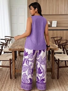 Weeklong Women's Plus Size Spring/Summer Floral Print Button Decor Casual Vacation 2-Piece Set - Multicolor - View 2
