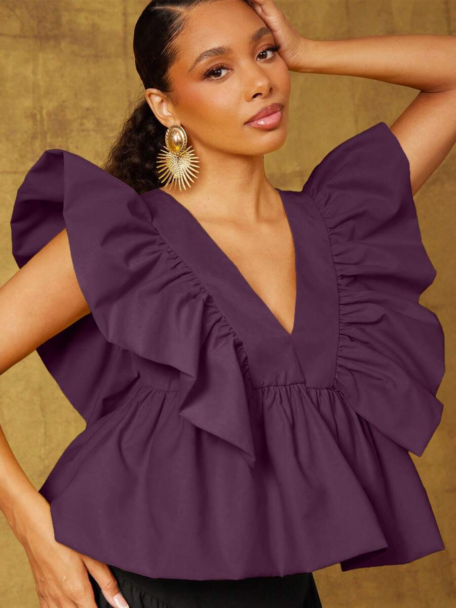 Vixey Top de tejido sólido con cuello en V, mangas de pétalos con volantes y bajo peplum - Morado - Ver 1