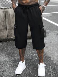 SLATEMANN Pantalones cargo casuales de 7 puntos con cintura con cordón y múltiples bolsillos para hombres - Negro - Ver 6