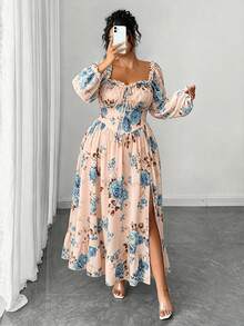 Elenzga Plus Size Women's Elegant French Lady Fashion Unique Ruffle Trim Puff Long Sleeve Cinched Waist Slim Fit Dress, Suitable For Daily Wear, Outings, Commuting - Pink - View 5
