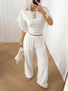 SHEIN EZwear Women's Embroidered Pleated Top And Pants Casual Tropical Tropical European Elegant Daily Vacation Set Brunch Vacation White Summer Vacation - White - View 7