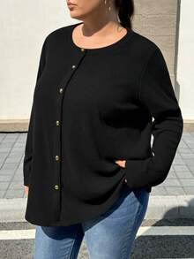 SHEIN CURVE+ 大尺碼休閒優雅傳統素色羅紋鈕扣T恤，2026冬季 22W - 黑色 - 查看 3