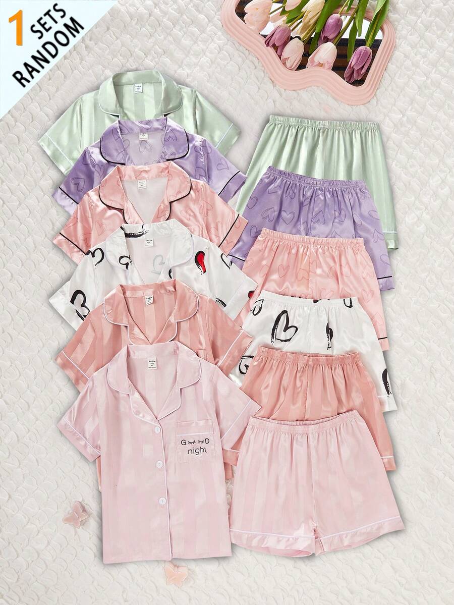 (隨機出貨 1 套) 女童短袖上衣 & 短褲舒適 2 件組居家服套裝，1 件短袖上衣 + 1 件短褲 - 彩色 - 查看 1