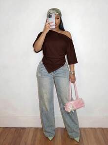 Slaydiva Plus Size Women Solid Color Pleated Casual Versatile Everyday T-Shirt Formal Chocolate Brown Summer - Rust Brown - View 3