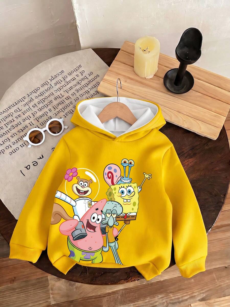 SpongeBob SquarePants | SHEIN GraphicGems 女童春/秋款連帽衛衣,亮黃色可愛卡通印花 - 黃色 - 查看 1