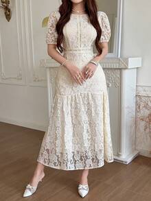 Feyla Summer Elegant Lace Dress For Women, Cinched Cinched Waist, Gentle Style, Short Dress Party Beige - Apricot - View 7
