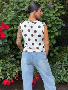 SAYEHFBABY Women's Chic Brown Polka Dot Sleeveless Top Casual Round Neck Summer T-Shirt Tank Cropped Yellow Vacation - Light Yellow - View 2