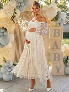 Loomaby Elegant Maternity Party Photoshoot Solid Color Lace Off-Shoulder Dress Wedding Floral White Autumn - Yellow - View 13