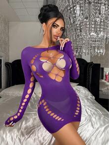 ChaseTheNight 1pc Women's Sexy Fuchsia Bodycon Semi-Sheer Fishnet Dress, Suitable For Party, Nightclub, Beach - Purple - View 4