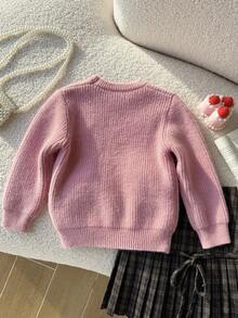 SHEIN 女童圓領粉色毛衣，3D刺繡白色蝴蝶結，柔軟針織套頭上衣，可愛甜美簡約長袖，適合秋冬居家、外出、派對、拍照、戶外玩耍 - 粉色 - 查看 3