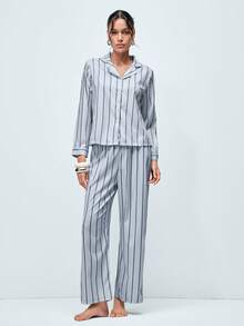 Softvol 2件套女士宽松舒适透气条纹长袖上衣和裤子家居服套装，舒适保暖，秋冬服装 - 灰色 - 查看 5
