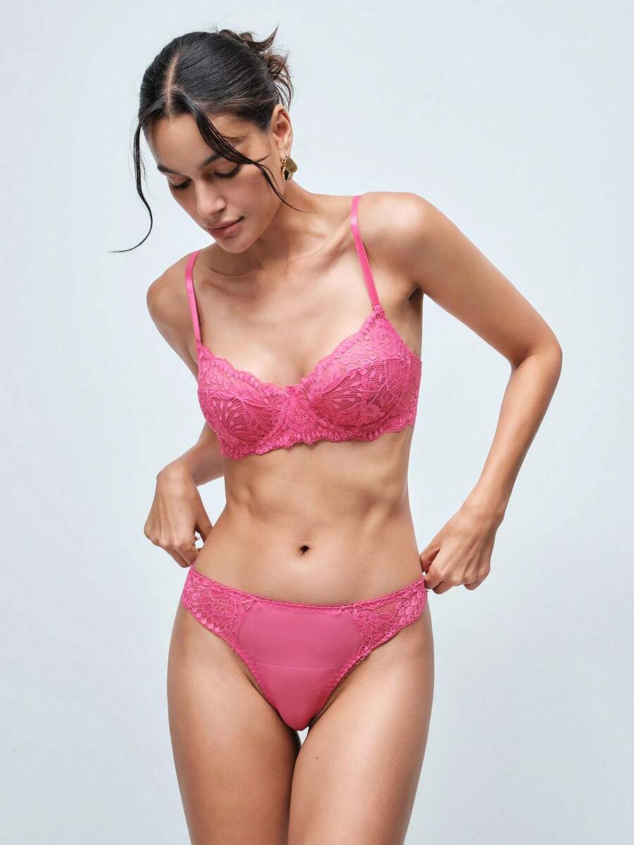 Softvol 1 Set Women's Solid Color Lace Comfortable Lingerie Set - Hot Pink - View 1
