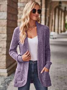 Louniche Women's Casual Ribbed Brushed Open Front Side Pocket Short Jacket - Purple - View 4